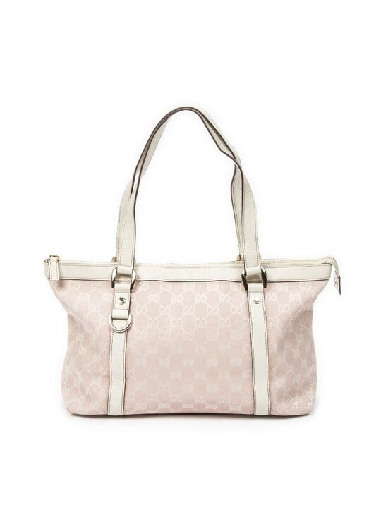 Gucci Pink/White GG Canvas Abbey Medium Tote bag | Yoogi Gucci Abbey Zip Tote Light Pink Ivory GG Canvas